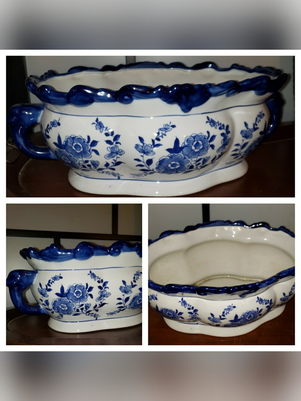 Blue and White Floral Ceramic Planter Pot.